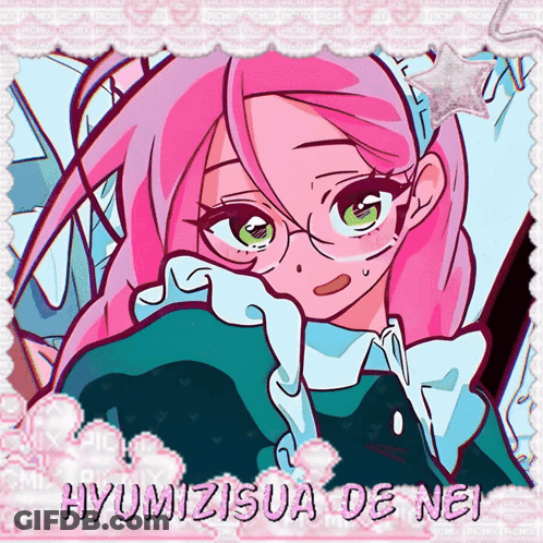 A Picture Of A Girl With Pink Hair And Glasses With The Name Hyumizusua De Nei On The Bottom GIF