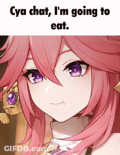 A Picture Of A Girl With Pink Hair And Purple Eyes With The Caption " Cya Chat , I 'M Going To Eat " GIF