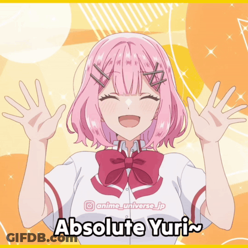 A Picture Of A Girl With Pink Hair And The Name Absolute Yuri On The Bottom GIF