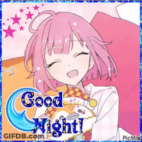 A Picture Of A Girl With Pink Hair And The Words Good Night Written On It GIF