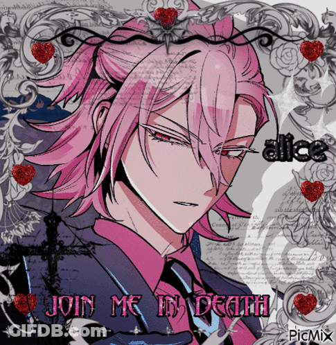 A Picture Of A Girl With Pink Hair And The Words Join Me In Death On The Bottom GIF