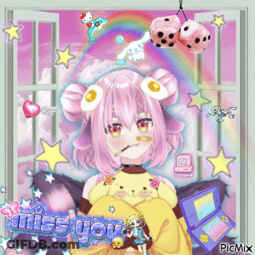 A Picture Of A Girl With Pink Hair And The Words Miss You On The Bottom GIF