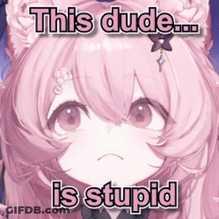A Picture Of A Girl With Pink Hair And The Words `` This Dude Is Stupid '' Written On It . GIF
