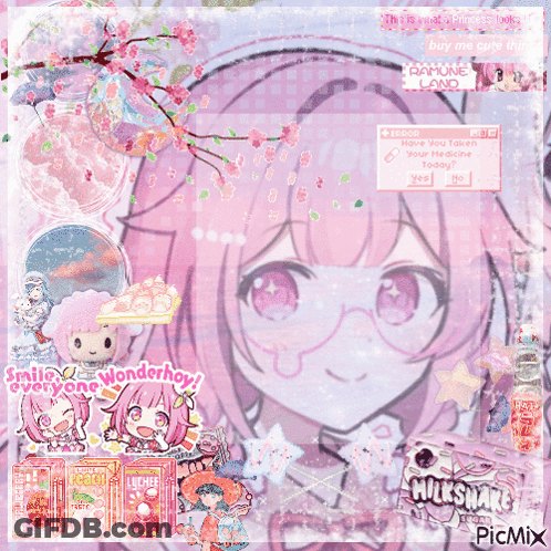 A Picture Of A Girl With Pink Hair Is Surrounded By Pink And Purple Items Including Milkshake GIF