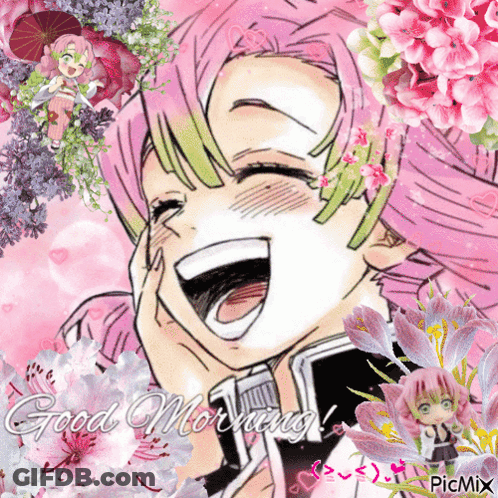 A Picture Of A Girl With Pink Hair Is Surrounded By Pink Flowers And Says Good Morning GIF
