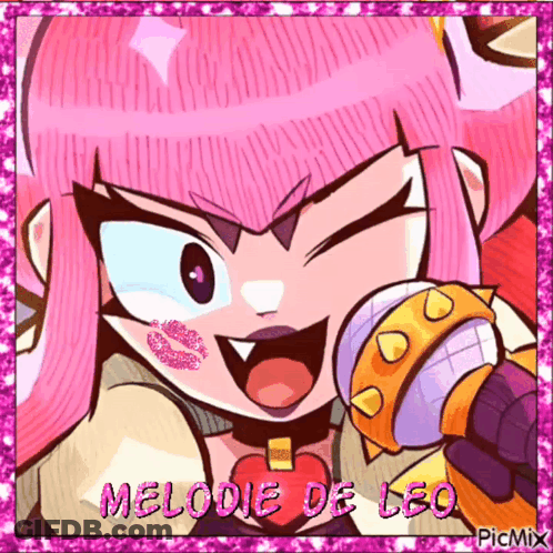 A Picture Of A Girl With Pink Hair Singing Into A Microphone With The Name Melodie De Leo On The Bottom GIF