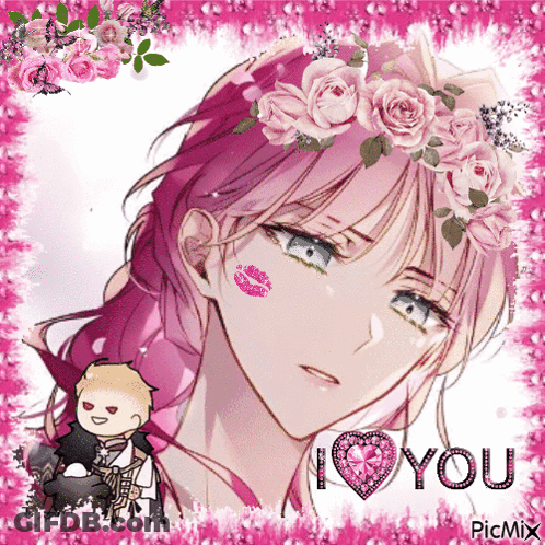 A Picture Of A Girl With Pink Hair Wearing A Flower Crown And The Words I Love You On It GIF