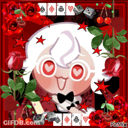 A Picture Of A Girl With Playing Cards And Dice Surrounded By Roses GIF