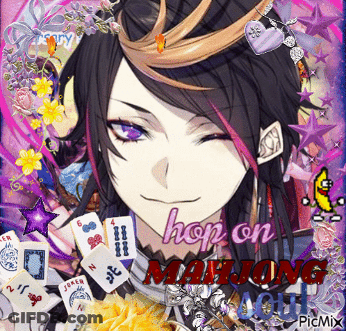 A Picture Of A Girl With Purple Eyes And The Words Hop On Manjong GIF