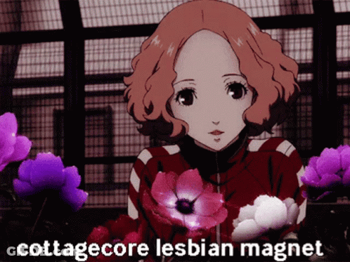 A Picture Of A Girl With Purple Flowers And The Words " Cottagecore Lesbian Magnet " Below Her GIF