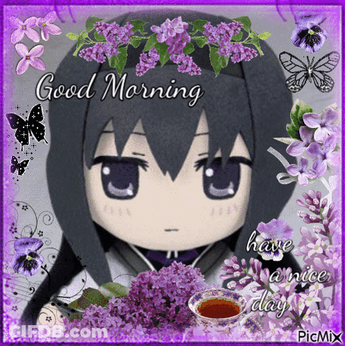 Girl With Purple Flowers Good Morning GIF