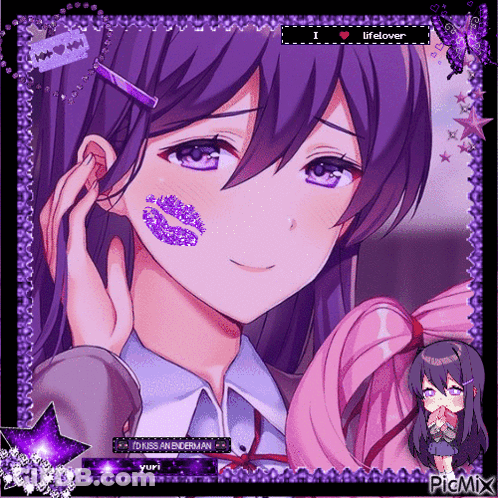 A Picture Of A Girl With Purple Hair And A Kiss On Her Face GIF