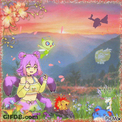 A Picture Of A Girl With Purple Hair And A Purple Monster With A Sunset In The Background Is Created By Picmix GIF