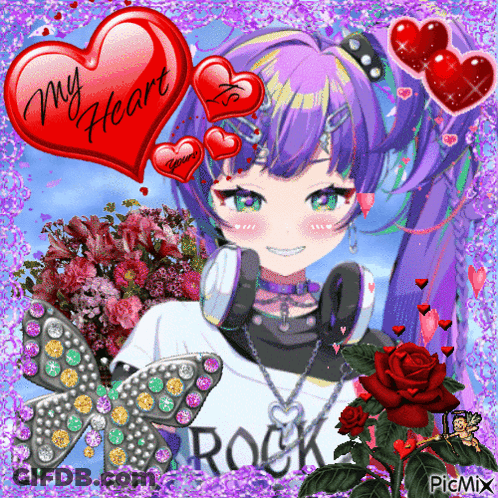 A Picture Of A Girl With Purple Hair And Headphones With A Heart That Says My Heart GIF