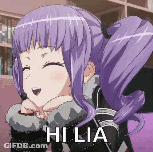 A Picture Of A Girl With Purple Hair And The Word Hi Lia On The Bottom GIF
