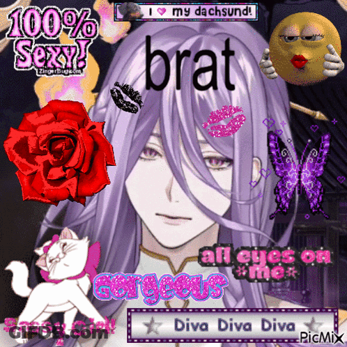 A Picture Of A Girl With Purple Hair And The Words Brat All Eyes On Me And Diva Diva Diva GIF