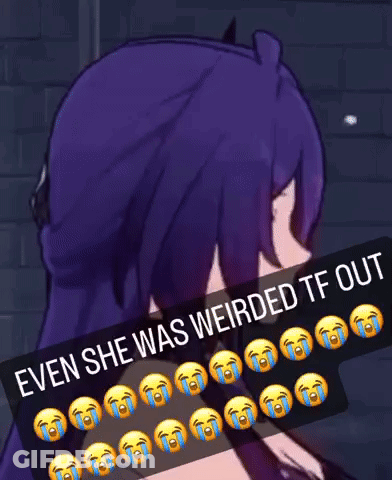 A Picture Of A Girl With Purple Hair And The Words Even She Was Weirded Tf Out GIF