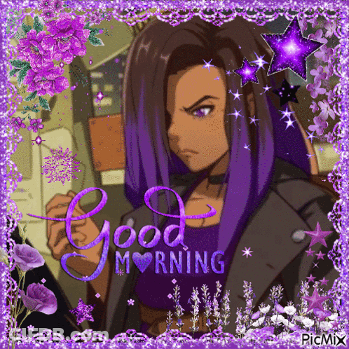 A Picture Of A Girl With Purple Hair And The Words " Good Morning " GIF