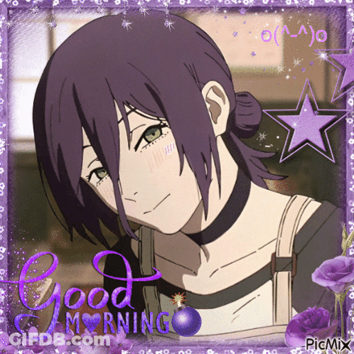 A Picture Of A Girl With Purple Hair And The Words " Good Morning " GIF