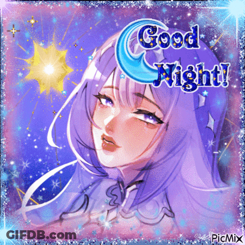 A Picture Of A Girl With Purple Hair And The Words Good Night On It GIF