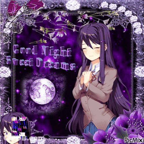 A Picture Of A Girl With Purple Hair And The Words Good Night Sweet Dreams GIF