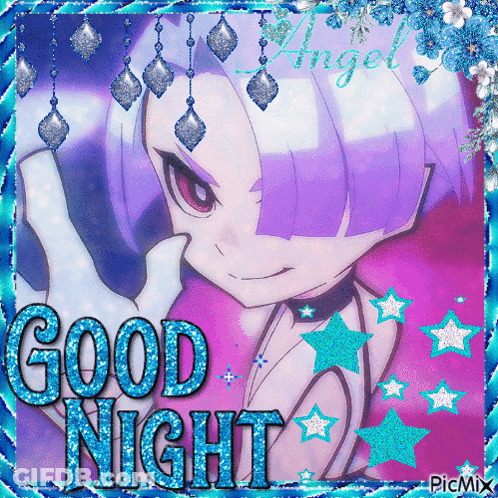 A Picture Of A Girl With Purple Hair And The Words " Good Night " GIF