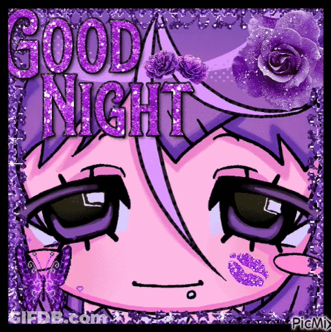 A Picture Of A Girl With Purple Hair And The Words Good Night Written On It GIF