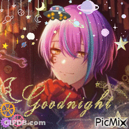 A Picture Of A Girl With Purple Hair And The Words Goodnight On The Bottom GIF