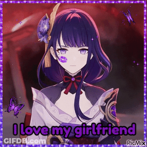 A Picture Of A Girl With Purple Hair And The Words `` I Love My Girlfriend '' GIF