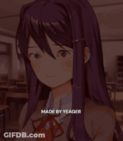 A Picture Of A Girl With Purple Hair And The Words Made By Yeager Below Her GIF