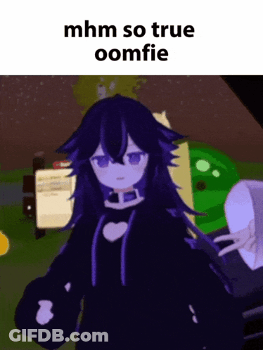 A Picture Of A Girl With Purple Hair And The Words Mhm So True Oomfie GIF