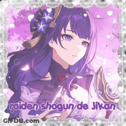 A Picture Of A Girl With Purple Hair And The Words Raiden Shogun De Jikan GIF