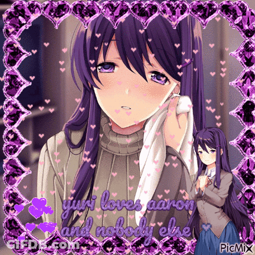 A Picture Of A Girl With Purple Hair And The Words Yuri Loves Aaron And Nobody Else On It GIF