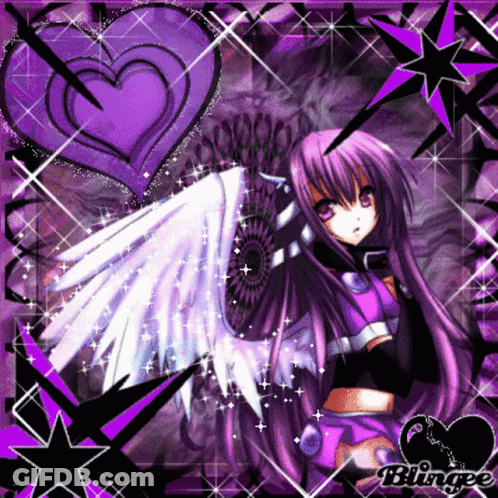 A Picture Of A Girl With Purple Hair And White Wings GIF