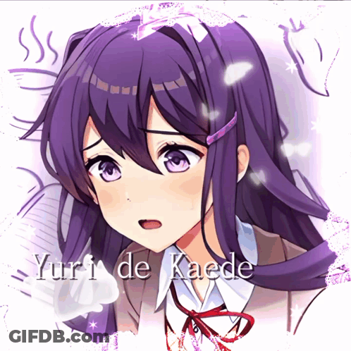 A Picture Of A Girl With Purple Hair And Yuri De Kaede Written On The Bottom GIF
