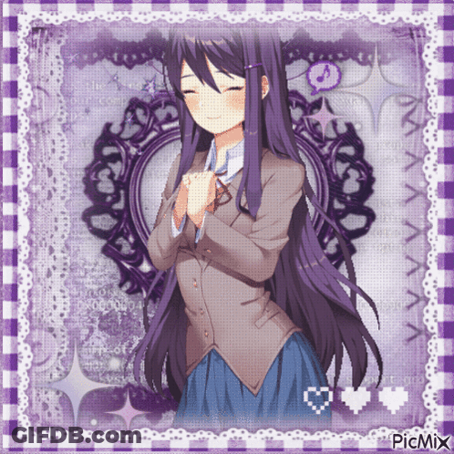 A Picture Of A Girl With Purple Hair Is Displayed On A Purple Background GIF