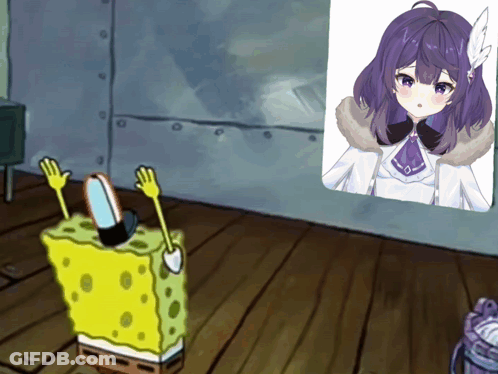 A Picture Of A Girl With Purple Hair Is On A Wall Next To Spongebob GIF