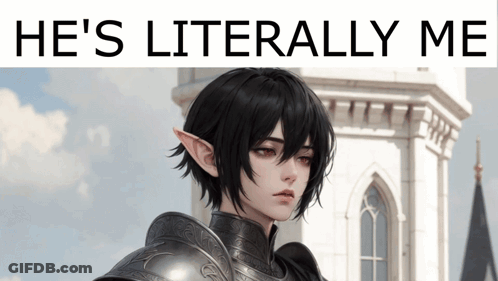 A Picture Of A Girl With Red Eyes And The Words He 'S Literally Me Above Her GIF