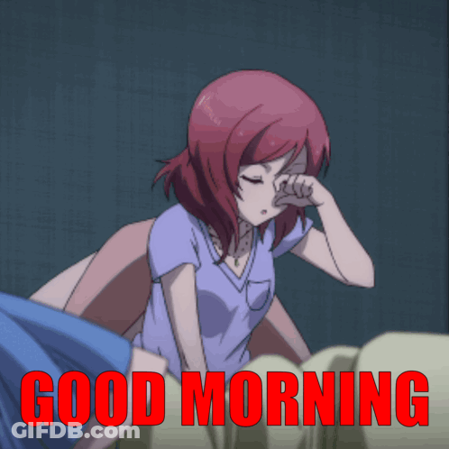 A Picture Of A Girl With Red Hair And The Words " Good Morning " Below Her GIF