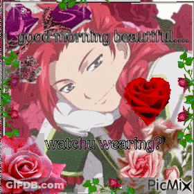 A Picture Of A Girl With Red Hair Surrounded By Roses And The Words Good Morning Beautiful GIF