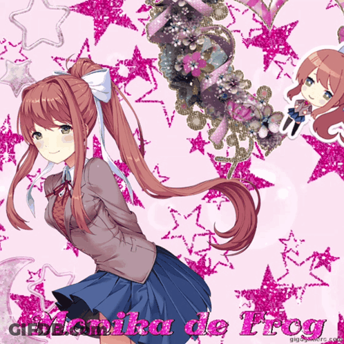 A Picture Of A Girl With The Name Monika De Frog On The Bottom GIF
