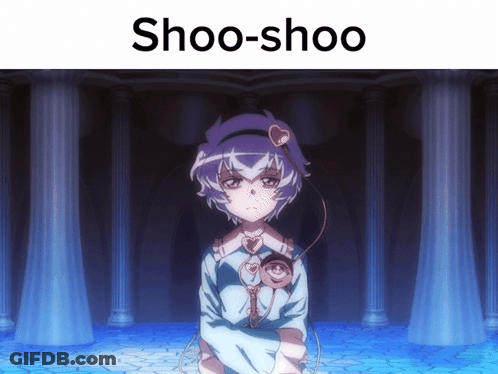 A Picture Of A Girl With The Word Shoo-Shoo On Top GIF