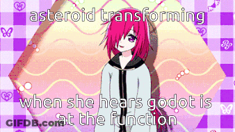 A Picture Of A Girl With The Words Asteroid Transforming When She Hears Godot At The Function GIF