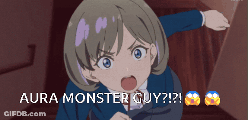 A Picture Of A Girl With The Words Aura Monster Guy On It GIF