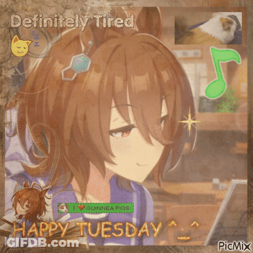 A Picture Of A Girl With The Words Definitely Tired Happy Tuesday On It GIF