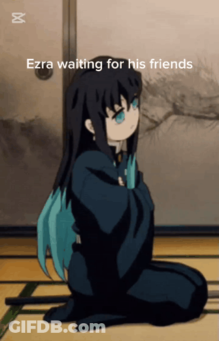A Picture Of A Girl With The Words Ezra Waiting For His Friends On It GIF
