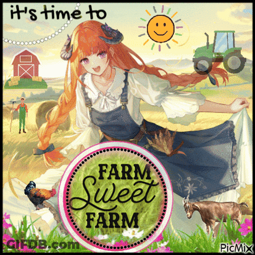 A Picture Of A Girl With The Words Farm Sweet Farm Written On It GIF