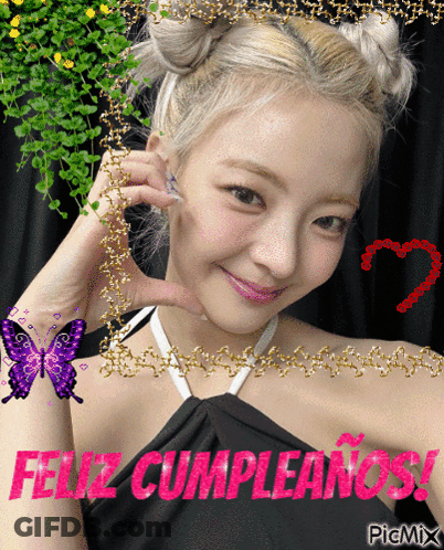 A Picture Of A Girl With The Words Feliz Cumpleanos Written On It GIF