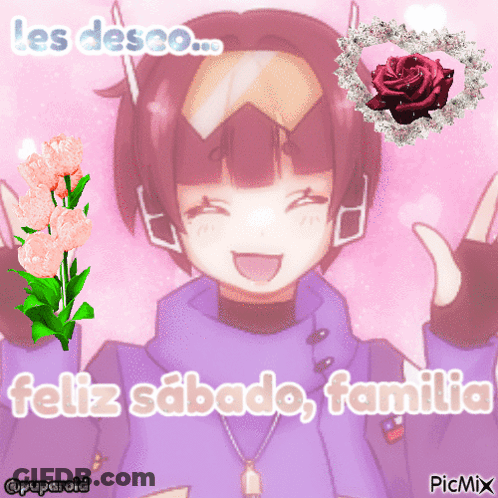 A Picture Of A Girl With The Words Feliz Sabado Familia On The Bottom GIF