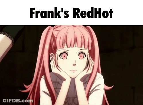 A Picture Of A Girl With The Words Frank 'S Redhot GIF